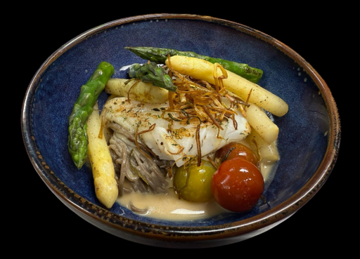 Skrei met asperges en miso saus