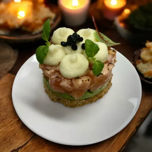 Zalm curry bite op een krokantje van zuurdesembrood 